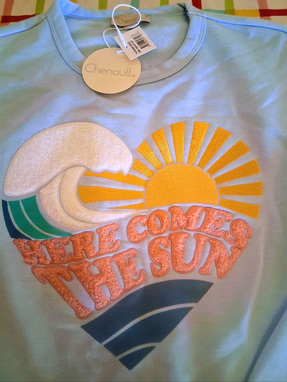 NWT Ladies Pastel Blue Swratshirt, Design Of Sun, Clouds Etc. Sz S, , L